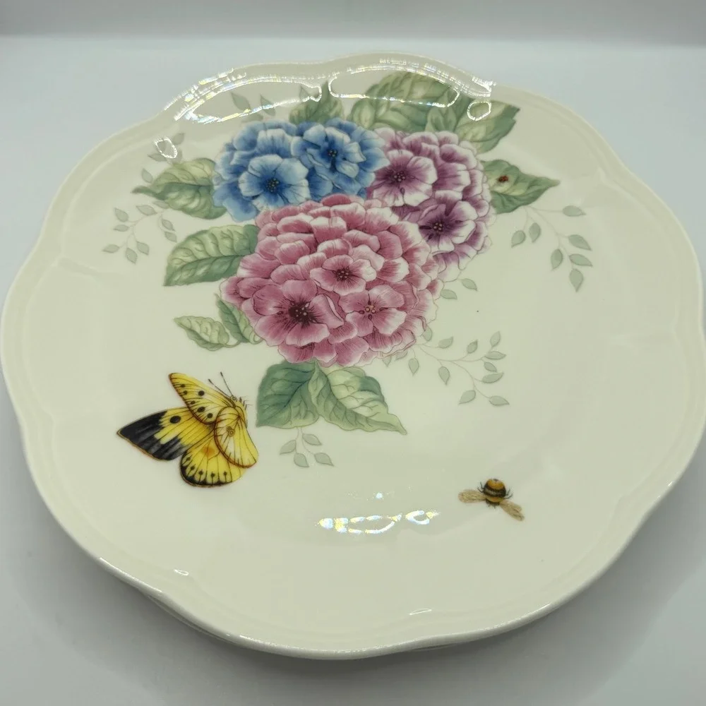 Lenox Butterfly‎ Meadow Hydrangea Porcelain Accent Plates Set of 4 Scalloped 9in